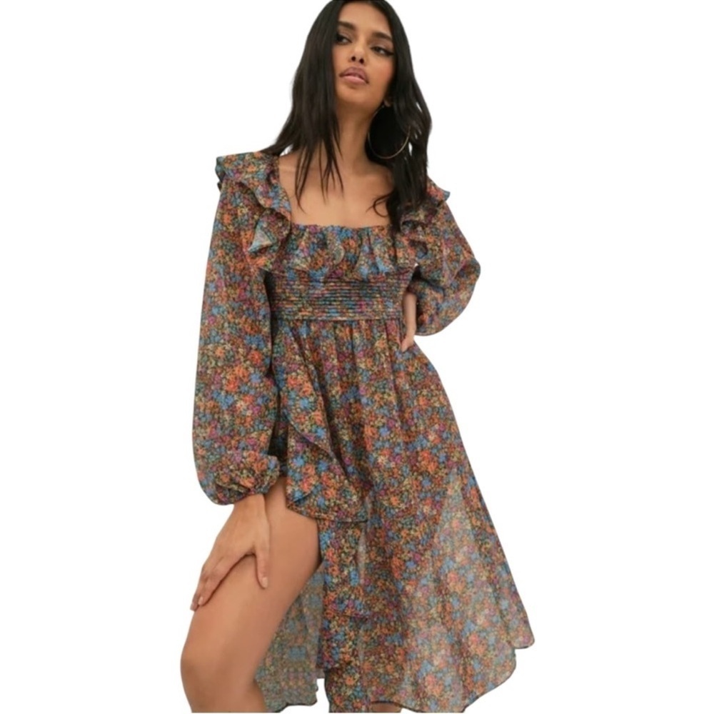 For Love & Lemons Brittany Floral Print Long Sleeve Midi Dress